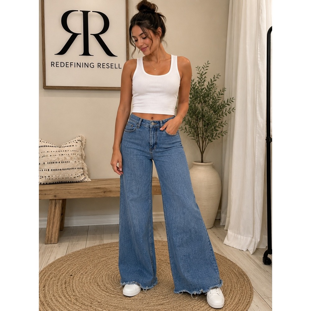 Zara The Marine Straight High Rise Wide Leg Raw Hem Blue Jeans Womens Size 2